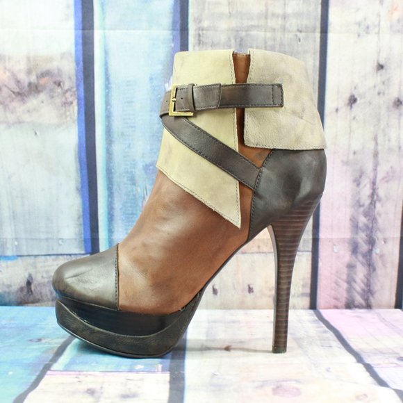 Two Lips Shoes - Two Lips Brown Leather Strappy Foldover Flatform Heeled Booties Size 9